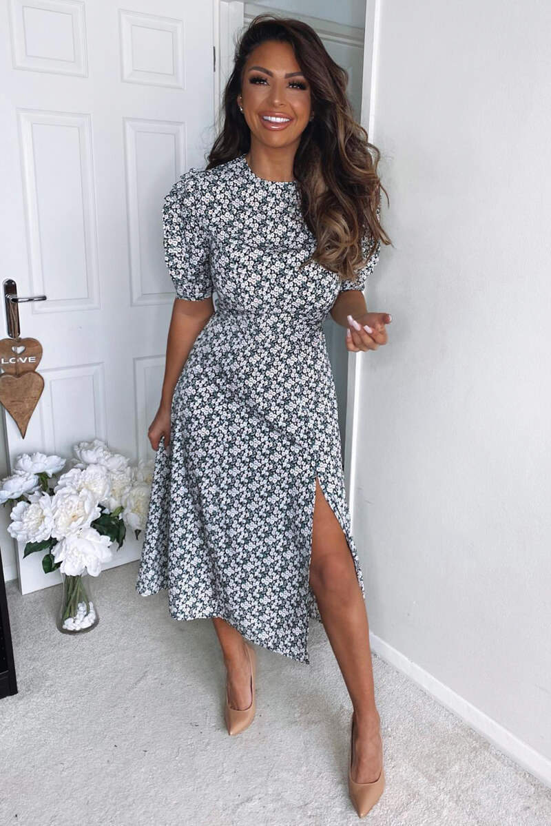 Cream Daisy Print Pleat Sleeve Midi Dress - Swimclubus