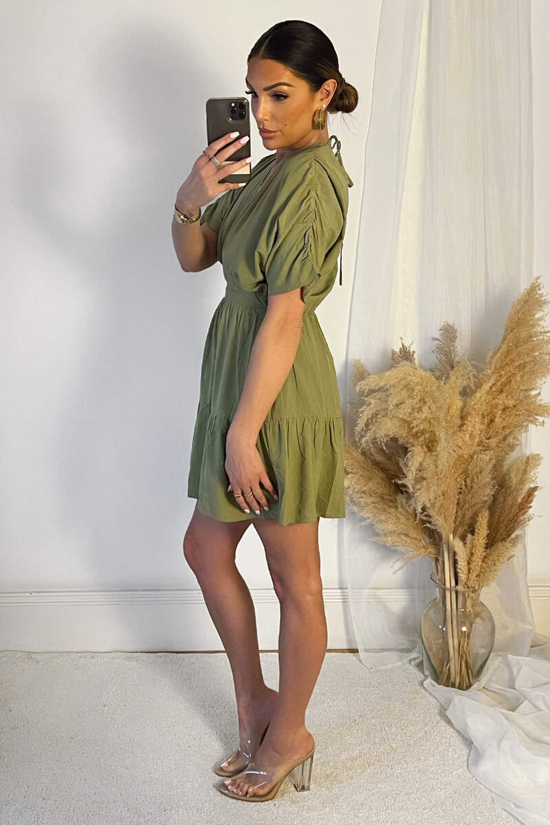 Khaki Short Sleeve Tie Back V Neck Mini Dress - Swimclubus