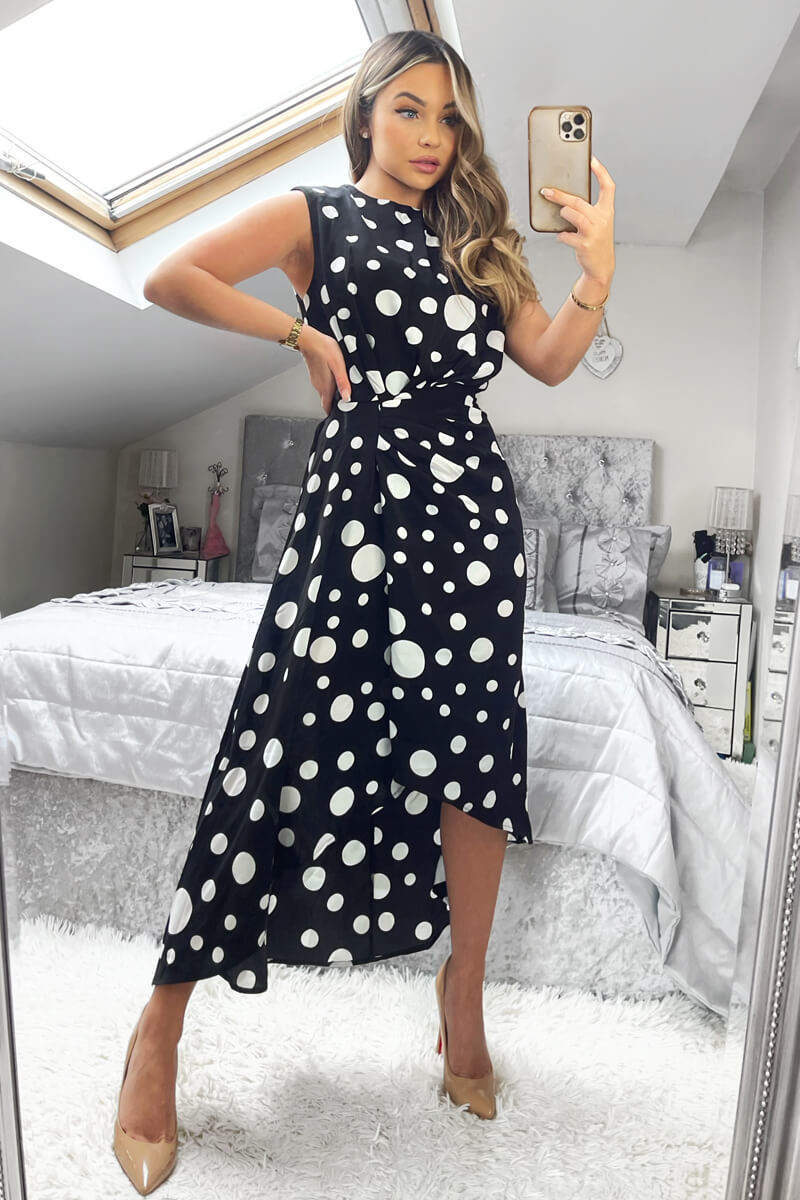Black And White Polka Dot Gathered Midi Dress - Swimclubus