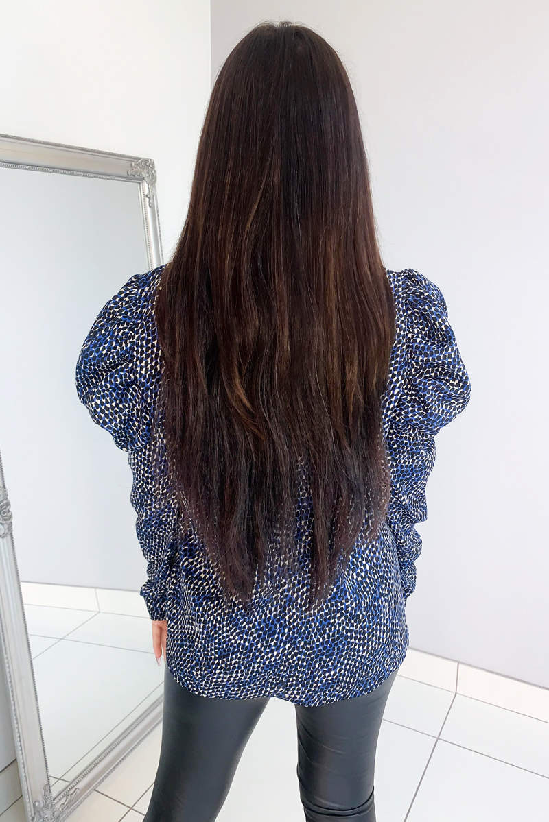 Blue Printed Puff Sleeve Blouse - Swimclubus