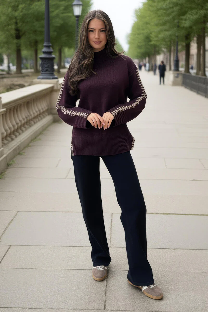 Burgundy Mock Neck Blanket Stitch Detail Jumper - Swimclubus