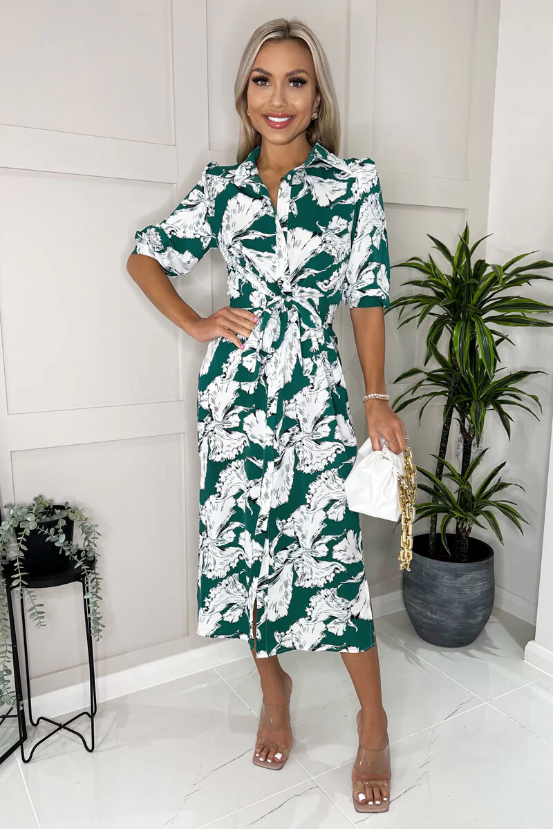 Green And White Floral Printed 3/4 Sleeve Midi Shirt Dress - Swimclubus