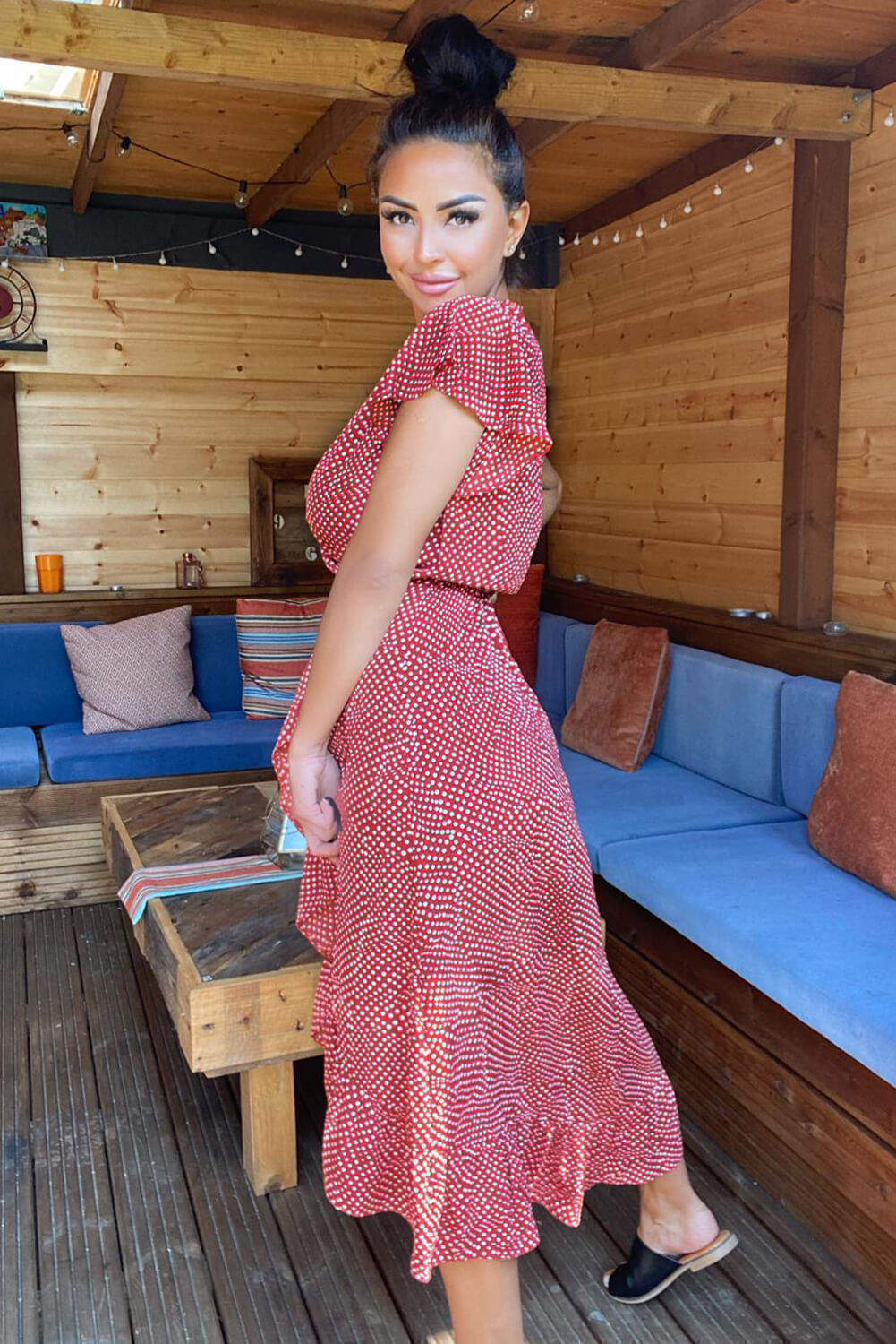 Rust Polka Dot Wrap Over Midi Dress - Swimclubus