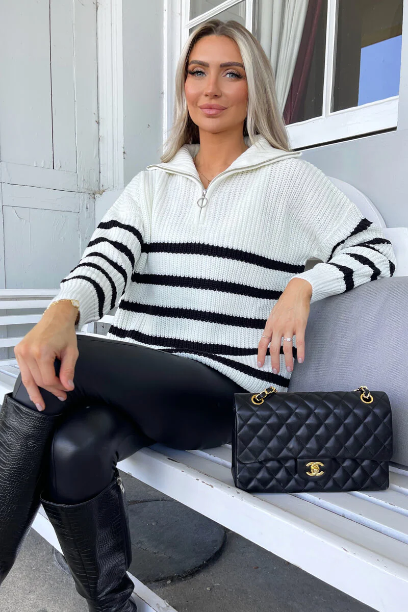 Cream And Black Zip Front Striped Knitted Jumper - Swimclubus