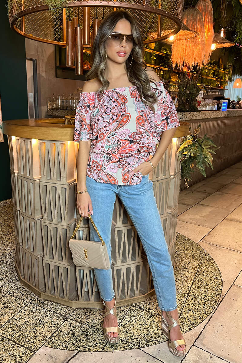 Multi Pink Tone Print Bardot Top - Swimclubus