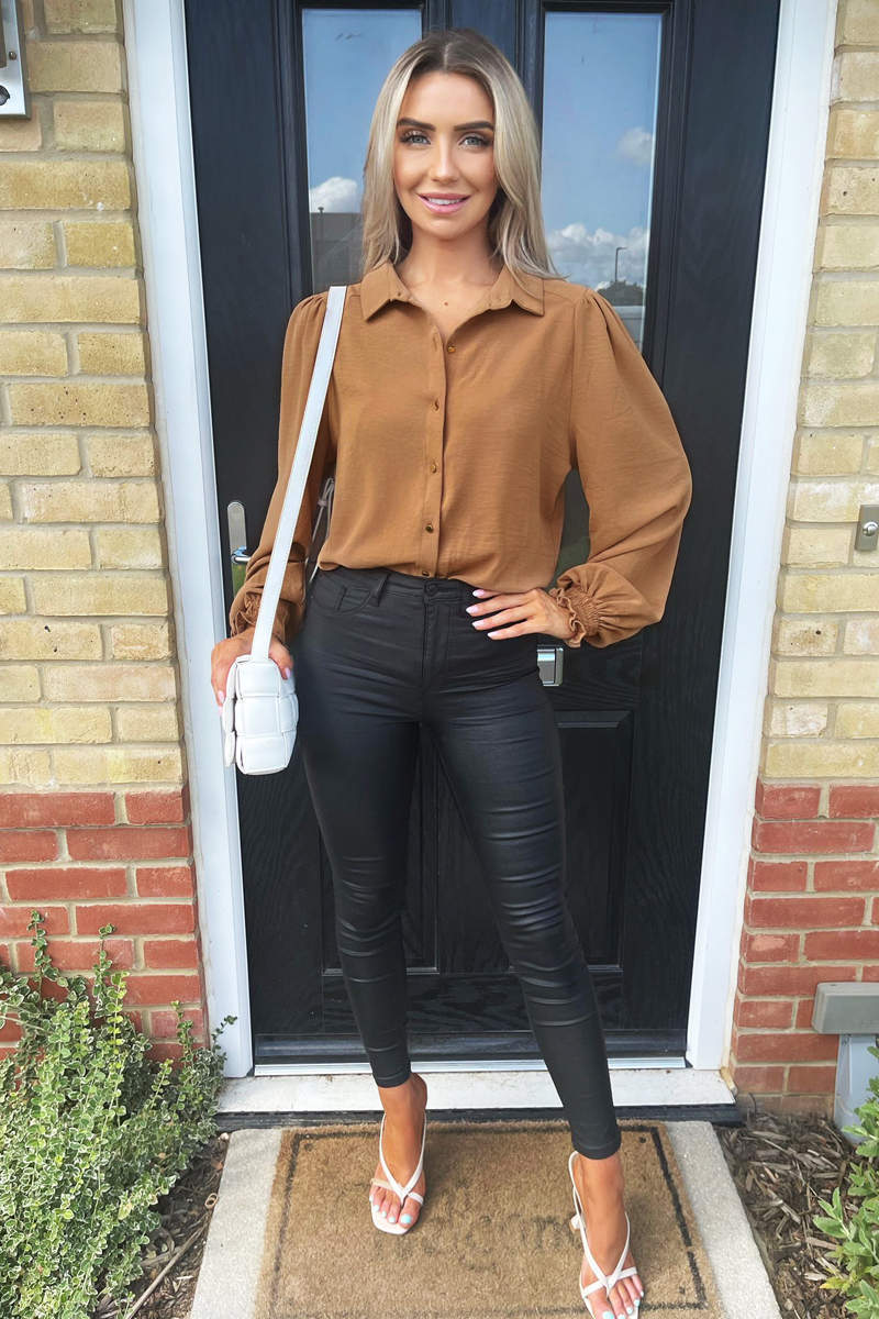 Mocha Gold Button Up Elasticated Cuff Shirt - Swimclubus