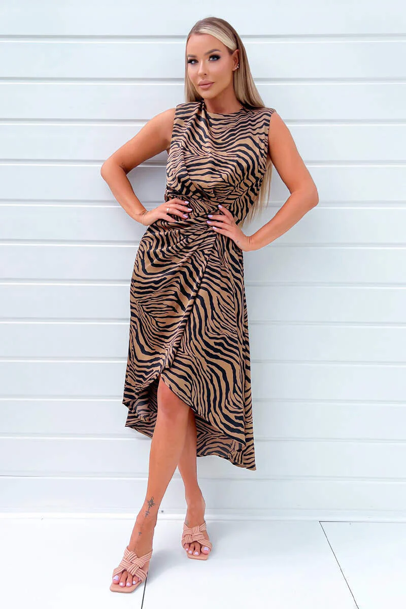 Camel Zebra Print Shoulder Padded Midi Dress - Swimclubus