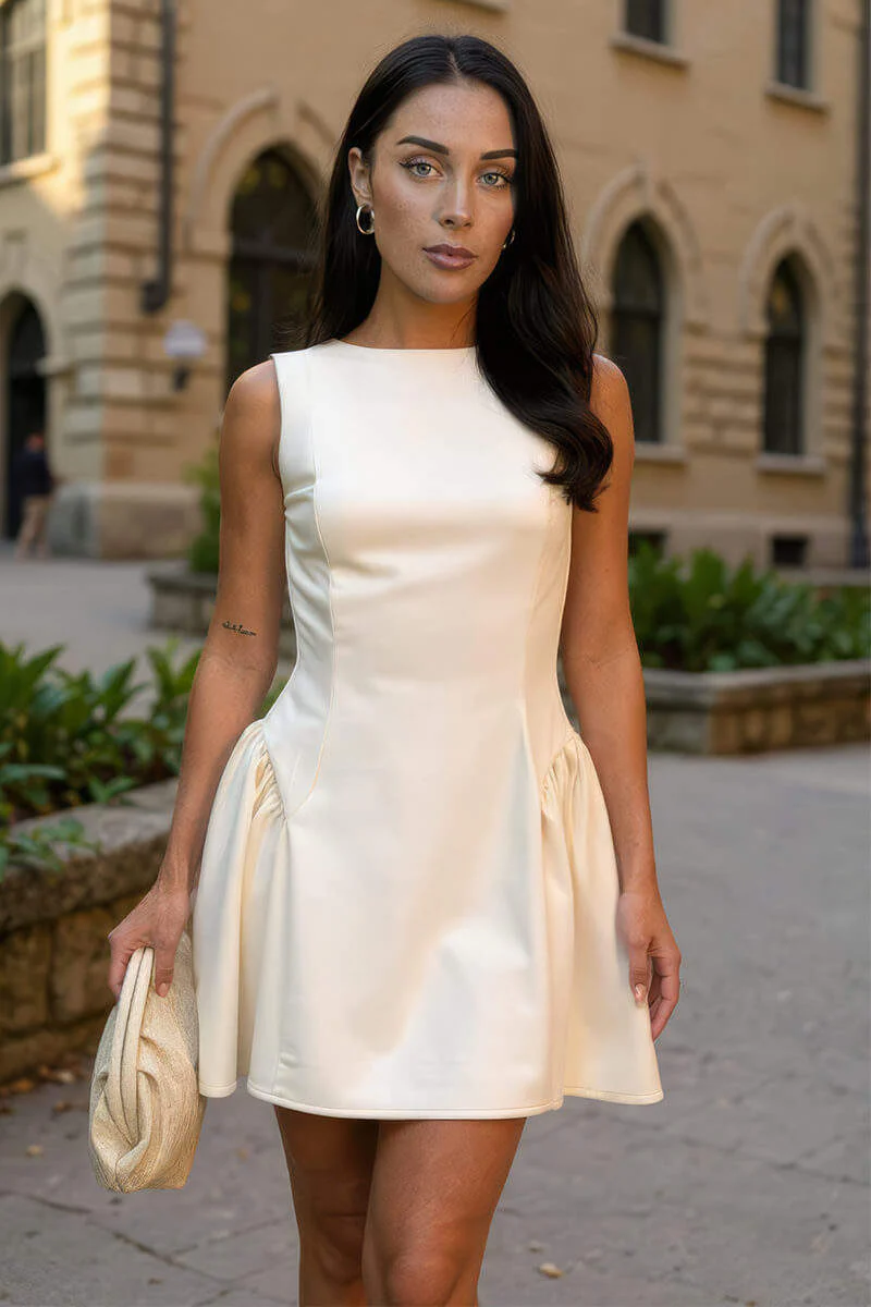 Cream Round Neck Pleated Hip Mini Dress - Swimclubus