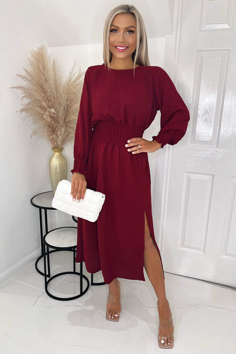 Wine Elasticated Waist Midi Dress With Split - Swimclubus