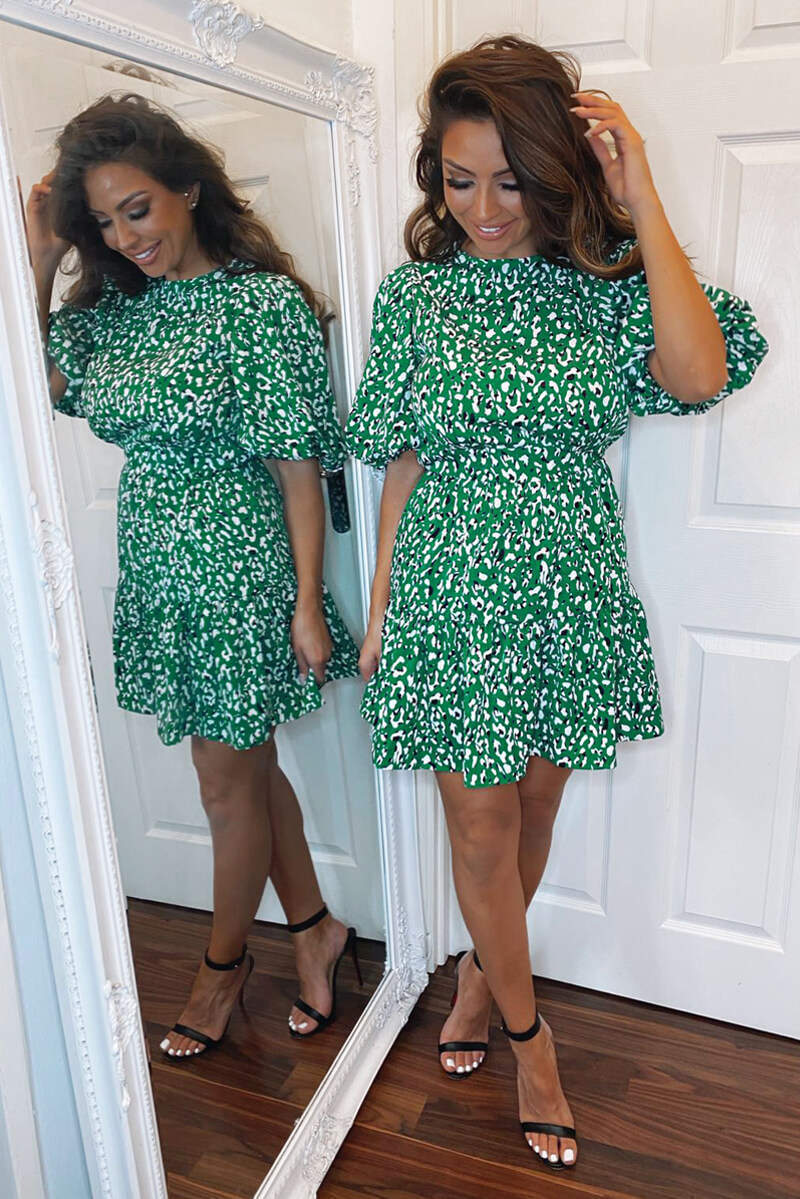 Green Abstract Print Puff Sleeve Dress - Swimclubus