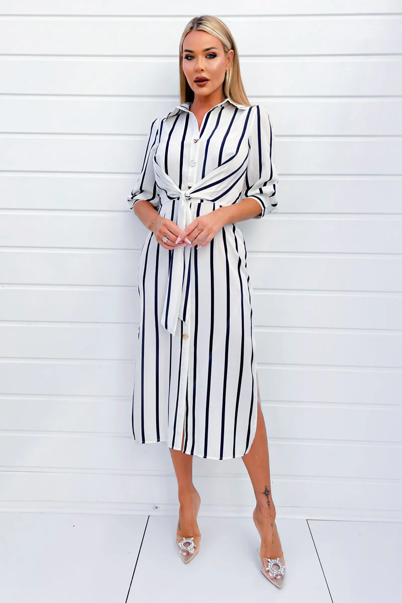 Cream And Navy Striped Button Up 3/4 Sleeve Midi Dress - Swimclubus