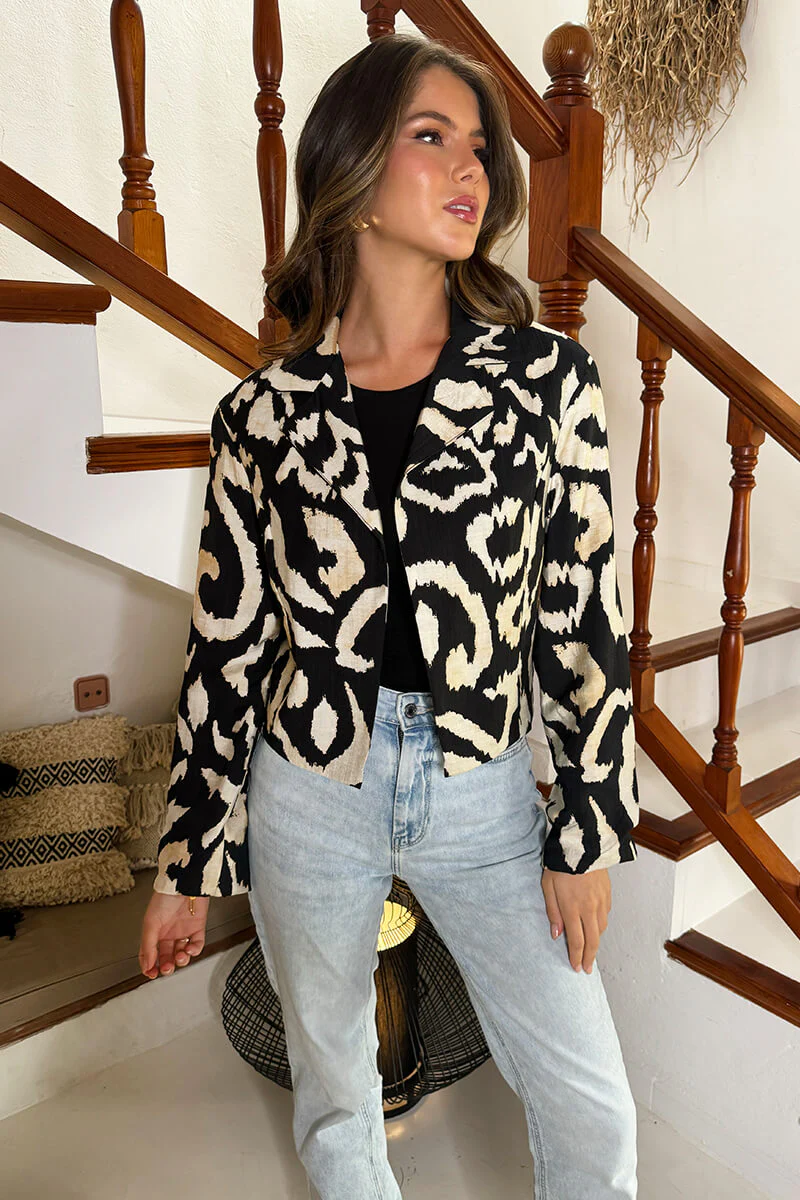 Black And Cream Abstract Print Collared Cropped Blazer - Swimclubus