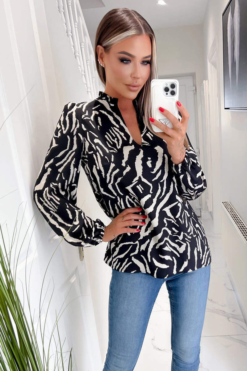 Black Animal Print Ruffle Neck Long Sleeve Top - Swimclubus