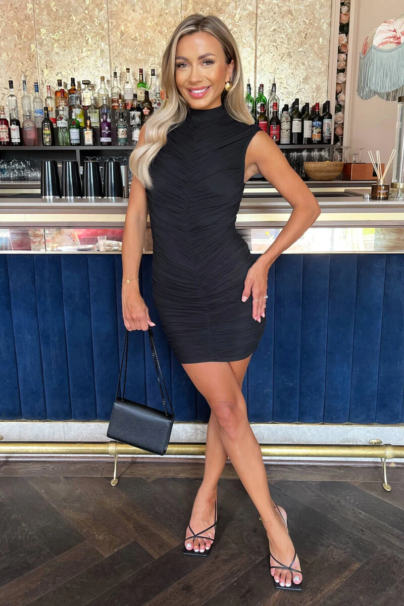 Black High Neck Bodycon Ruched Mesh Mini Dress - Swimclubus