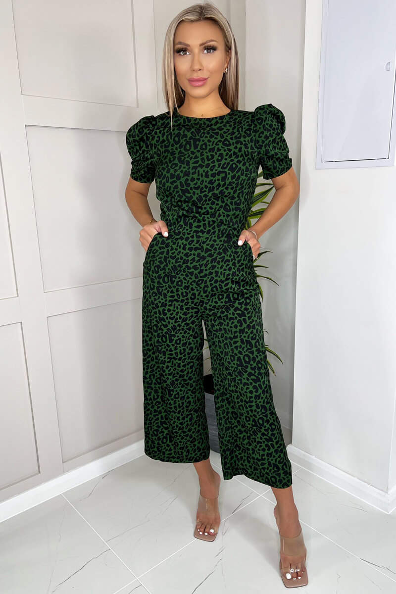 Green Animal Print Round Neck Short Sleeve Jumpsuit - Swimclubus