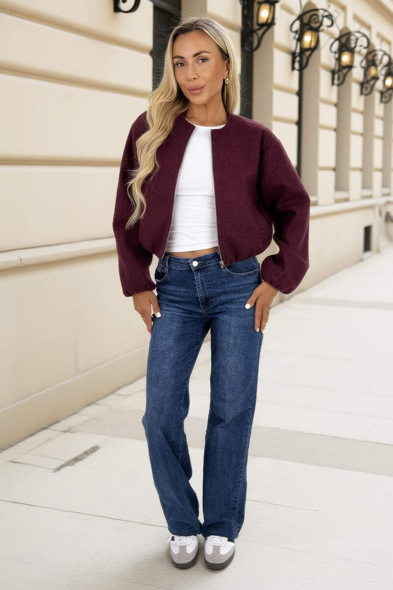 Burgundy Marl Bubble Hem Zip Up Bomber Jacket - Swimclubus