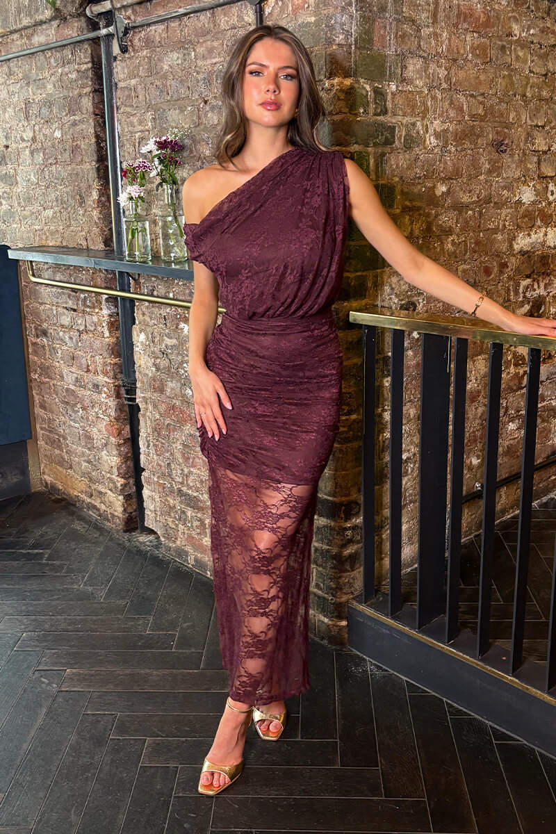Plum Lace Overlay Off The Shoulder Midi Dress - Swimclubus