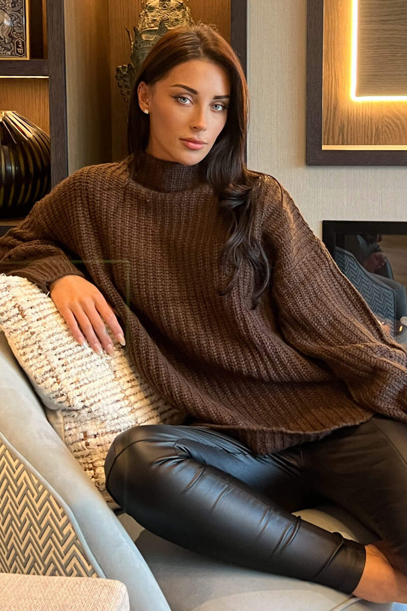 Chocolate Mock Neck Oversized Knit Jumper - Swimclubus