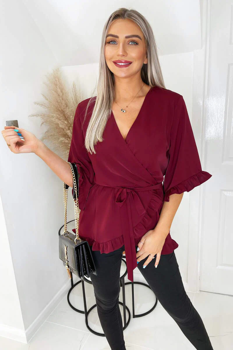 Wine Frill Hem Wrap Top - Swimclubus