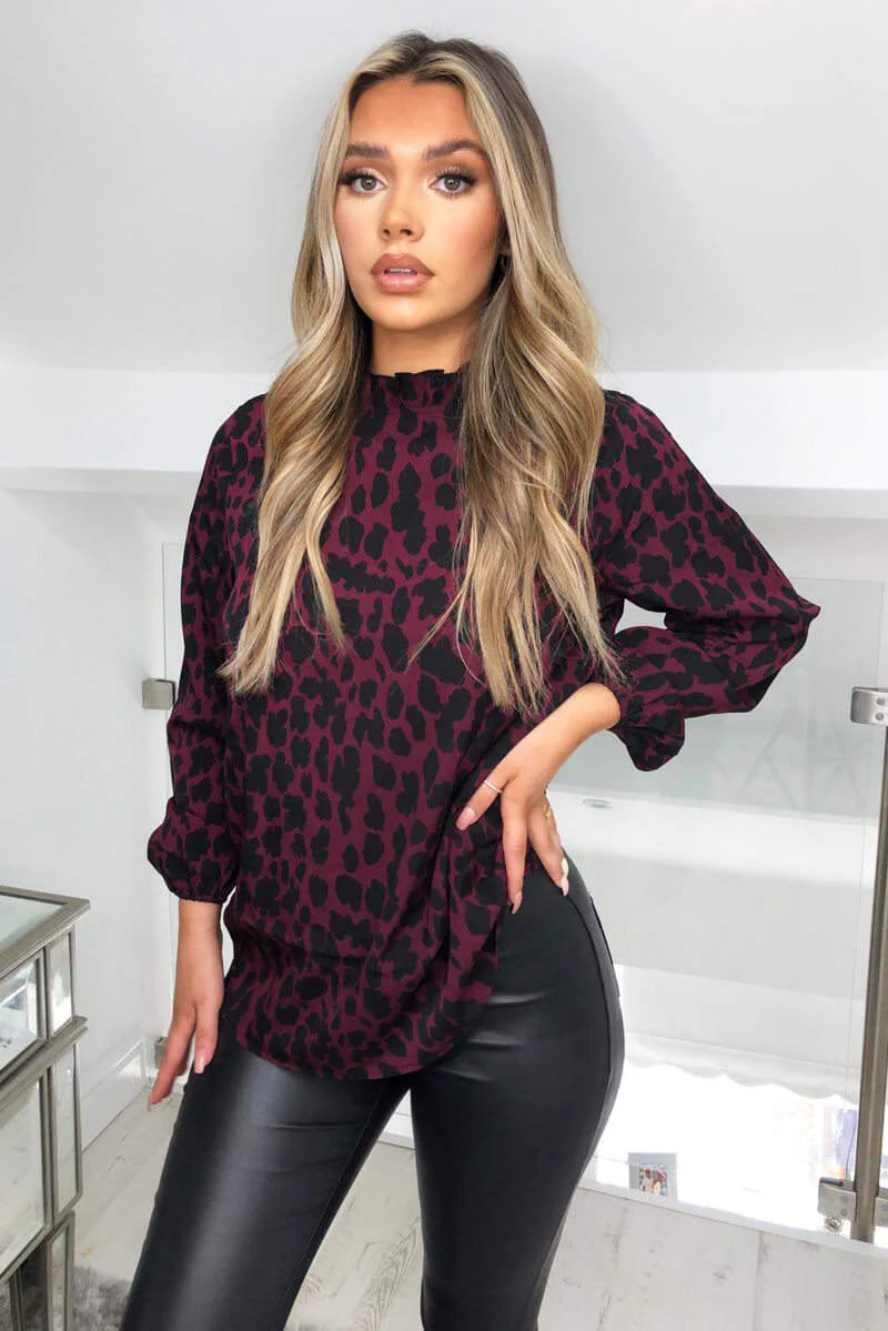 Plum Leopard Print High Neck Top - Swimclubus
