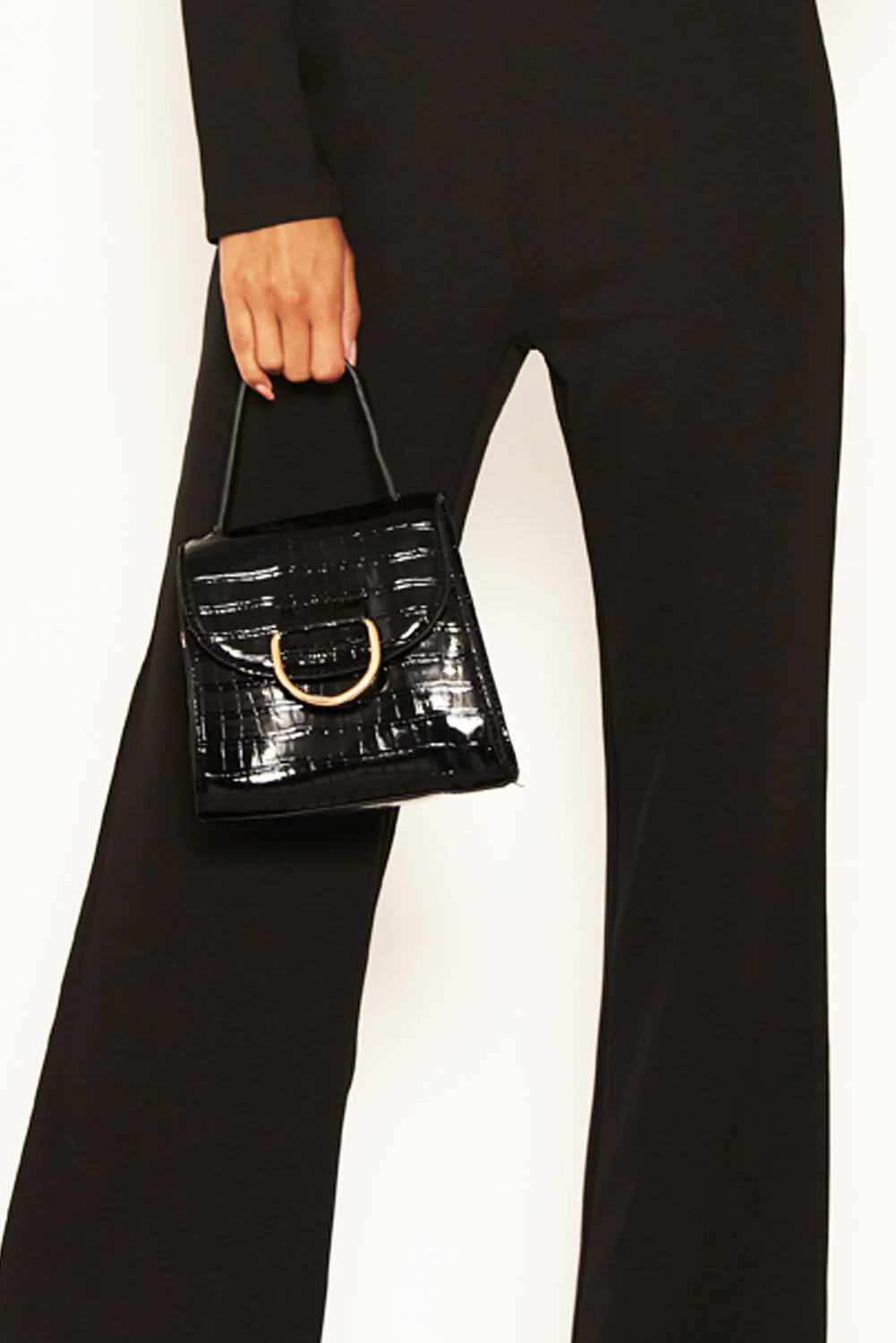 Black Croc Mini Patent Bag With Gold Ring - Swimclubus
