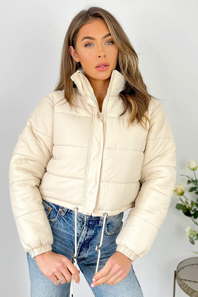 Beige Cropped Puffer Jacket - Swimclubus