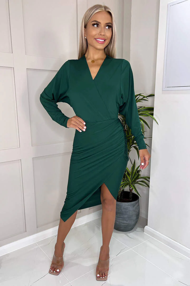 Teal Ruched Side Wrap Top Midi Dress - Swimclubus