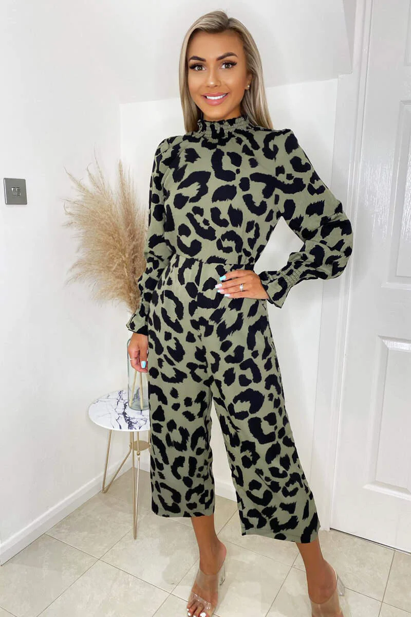 Khaki Elasticated Neck Long Sleeve Culotte Jumpsuit - Swimclubus