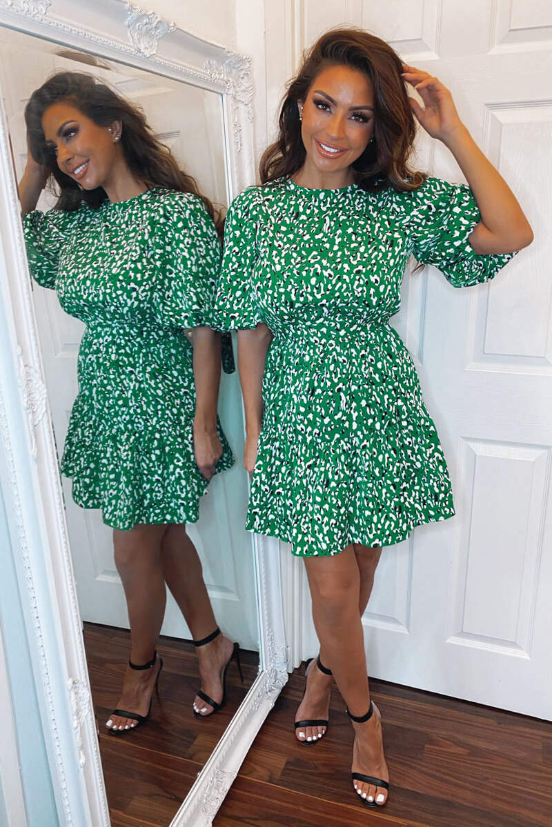 Green Abstract Print Puff Sleeve Dress - Swimclubus