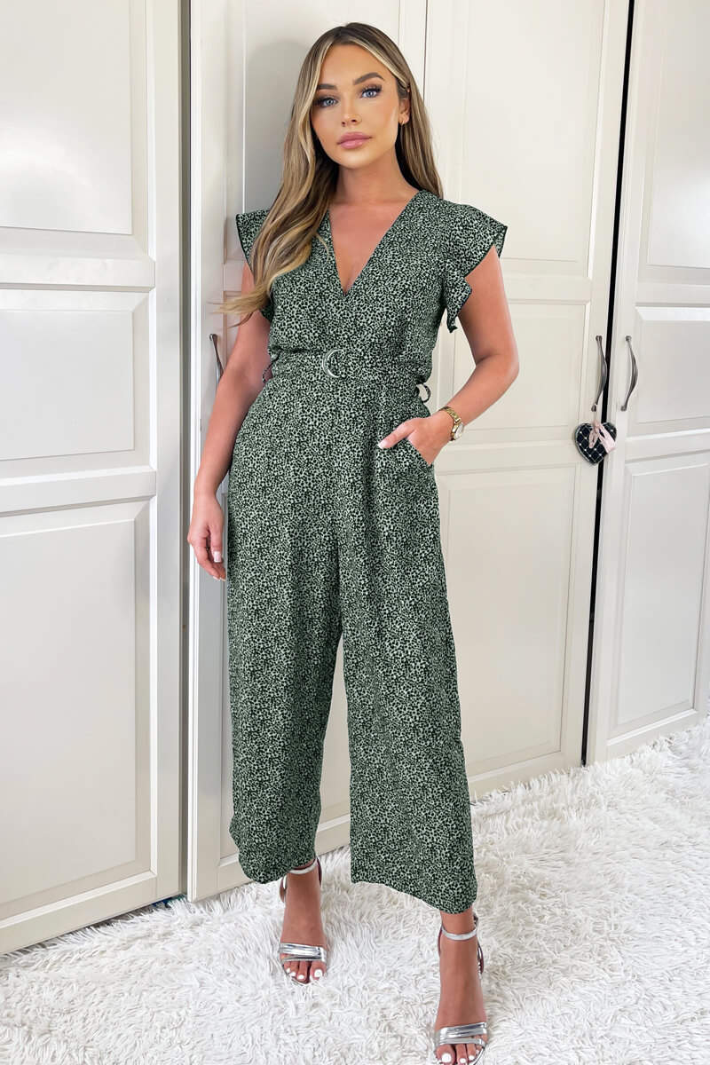 Sage And Black Printed Wrap Front Belted Jumpsuit - Swimclubus