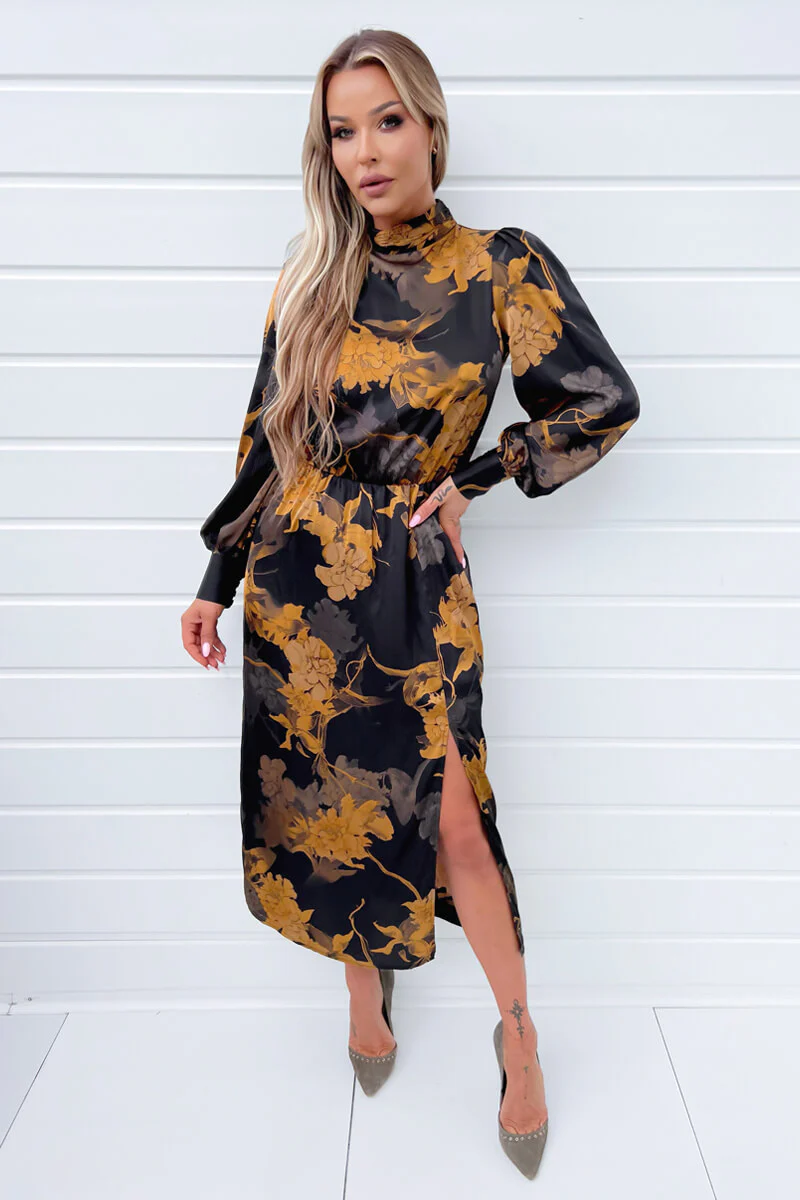 Black Floral Print High Neck Long Sleeve Midi Dress - Swimclubus
