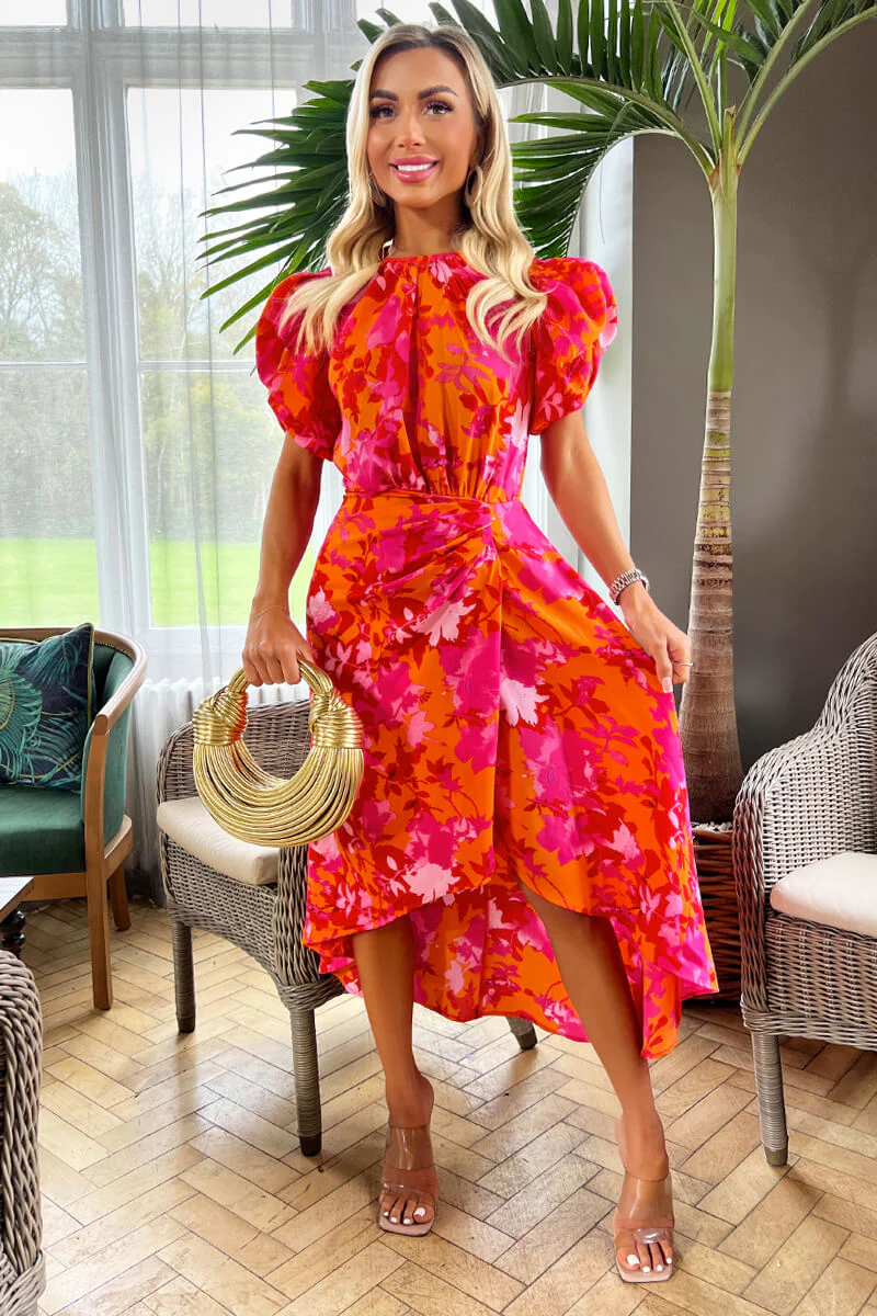 Pink And Orange Floral Printed Short Puff Sleeve Gathered Side Midi Dress - Swimclubus