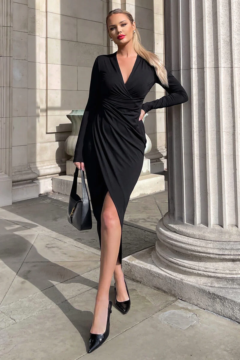 Black Long Sleeve Wrap Midi Dress - Swimclubus