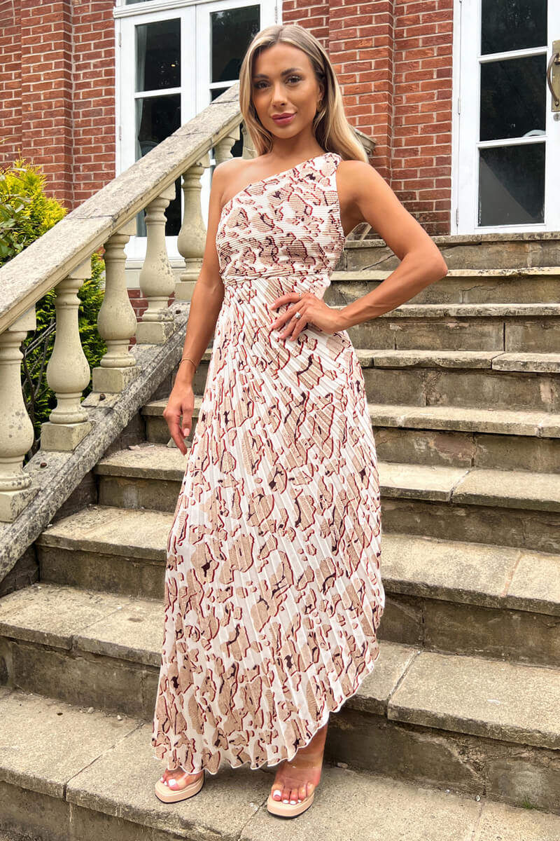 Cream Printed One Shoulder Pleated Midi Dress - Swimclubus