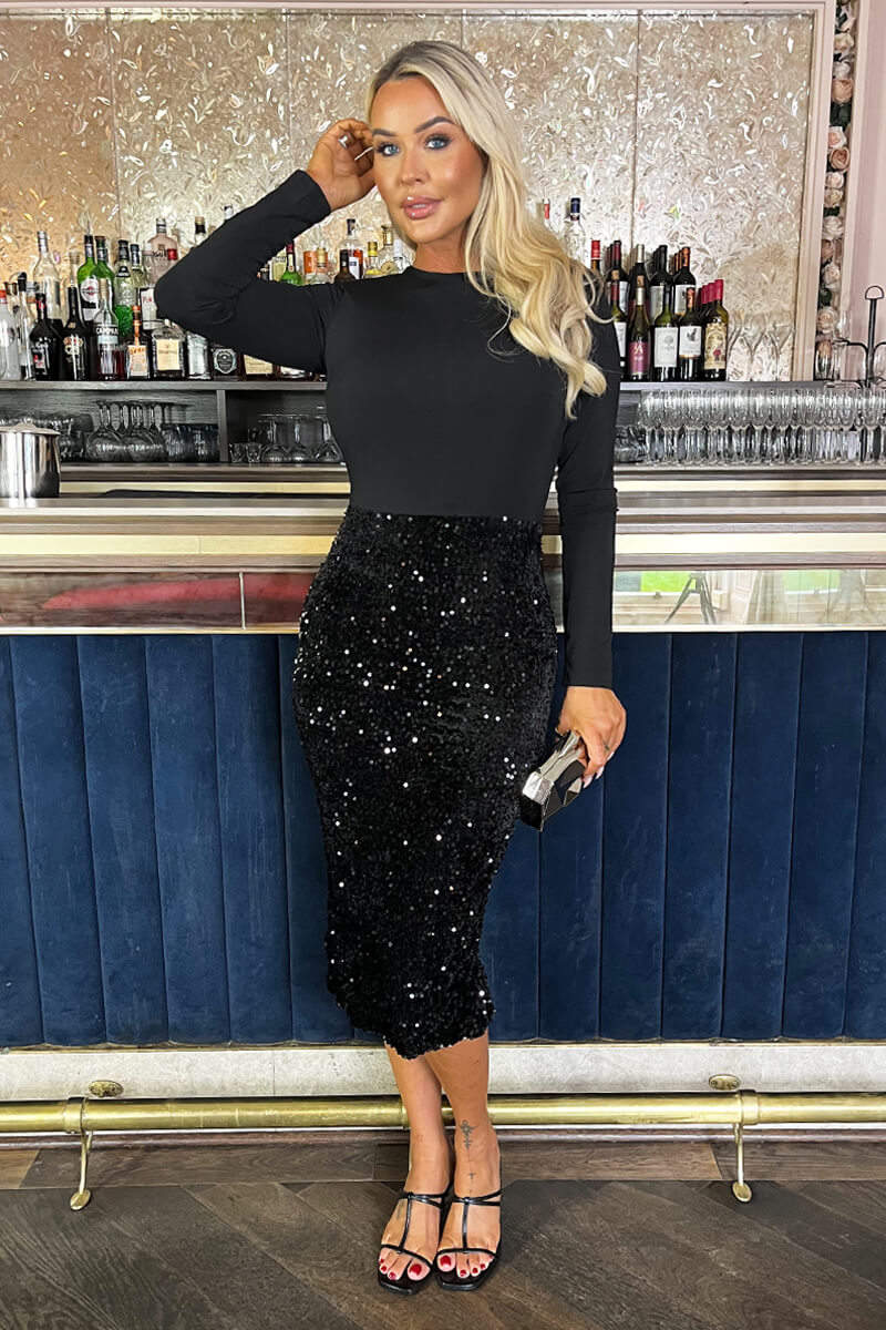 Black Velvet Sequin 2 in 1 Long Sleeve Midi Dress - Swimclubus