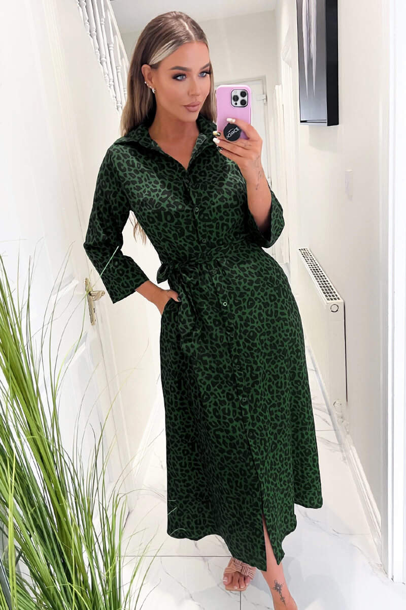 Green Animal Print Belted Midi Shirt Dress - Swimclubus