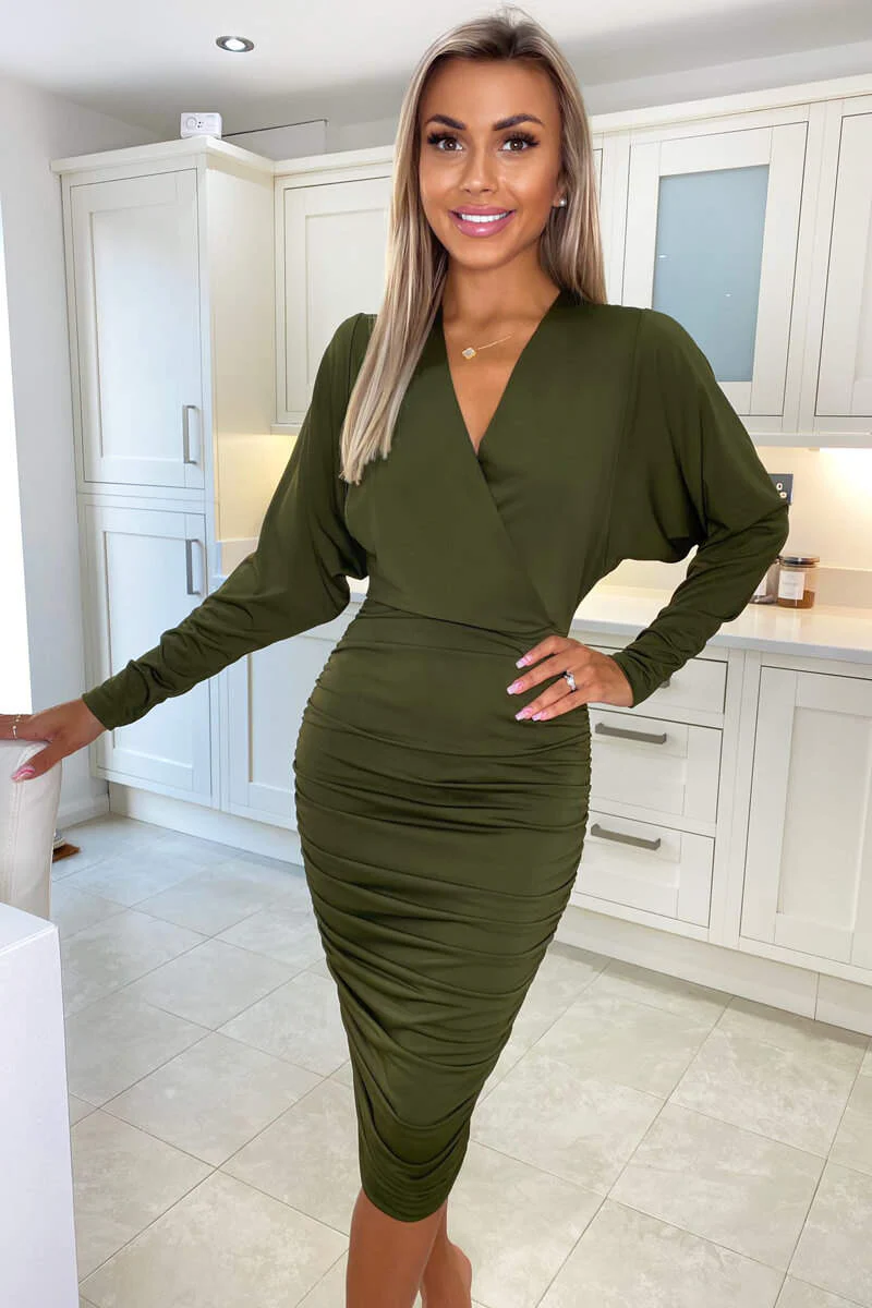 Olive Ruched Wrap Top Midi Dress - Swimclubus