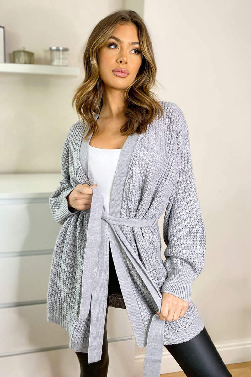 Grey Chunky Knit Balloon Sleeve Cardigan - Swimclubus