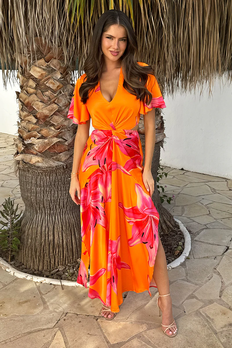Orange And Pink Floral Print V Neck Cut Out Knot Detail Midi Dress - Swimclubus