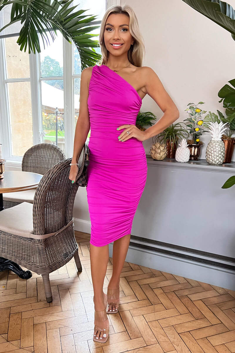 Hot Pink One Shoulder Ruched Midi Dress - Swimclubus