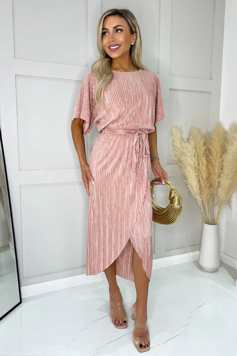 Champagne Short Sleeve Tie Waist Plisse Midi Dress - Swimclubus