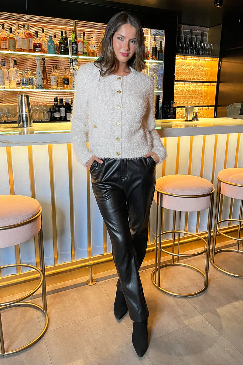 Cream Fluffy Knit Gold Button Cardigan - Swimclubus