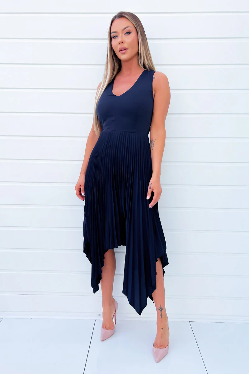 Navy V Neck Pleated Skirt Belted Waist Midi Dress - Swimclubus