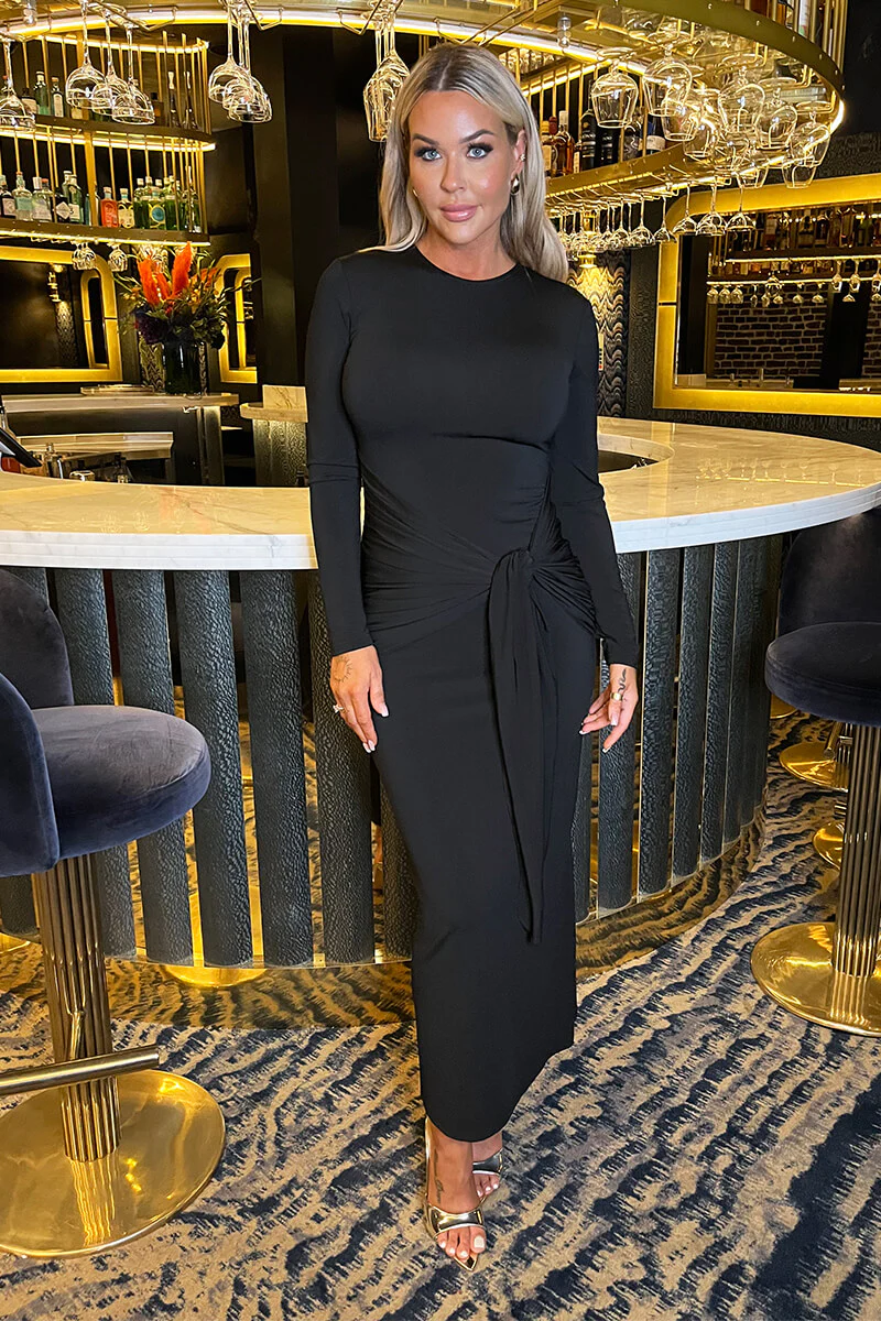 Black Long Sleeve Sash Bodycon Midi Dress - Swimclubus