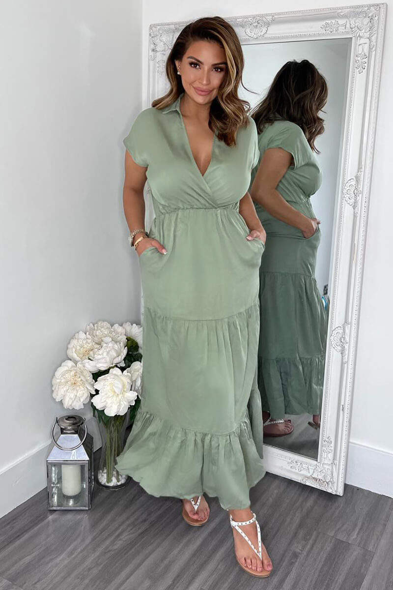 Khaki Short Sleeved V-Neck Midi Smock Dress - Swimclubus
