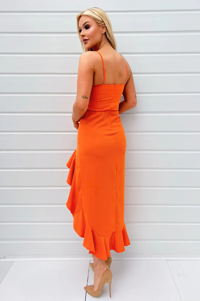 Blood Orange Racer Neck High Low Frill Hem Midi Dress - Swimclubus