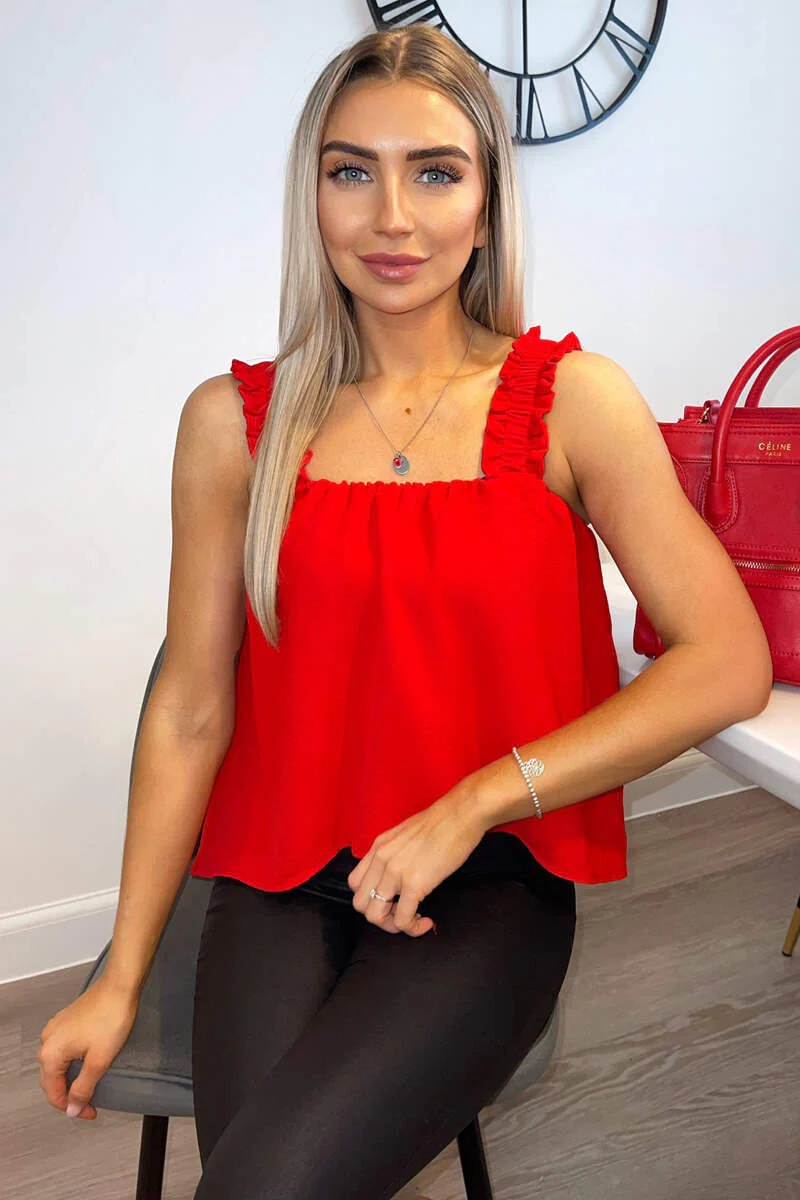 Red Elasticated Frill Strap Top - Swimclubus