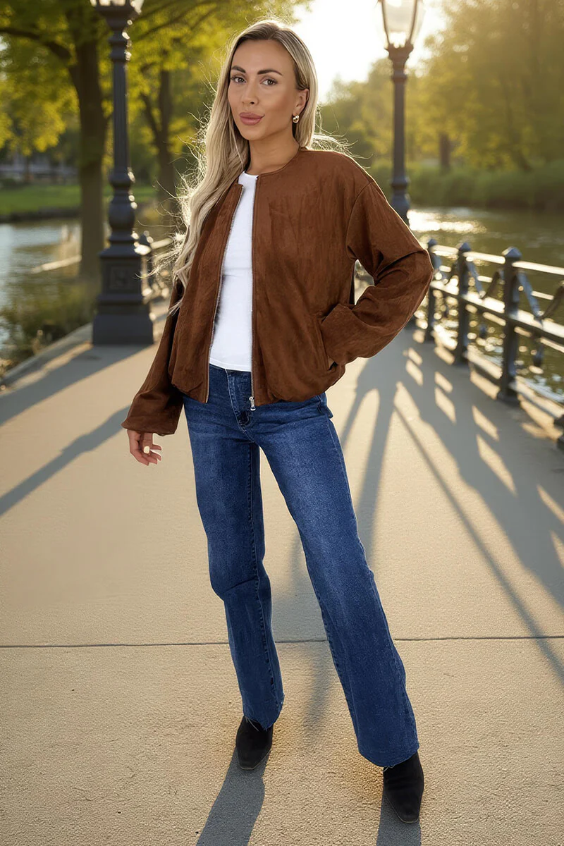 Tan Faux Suede Bubble Hem Bomber Jacket - Swimclubus