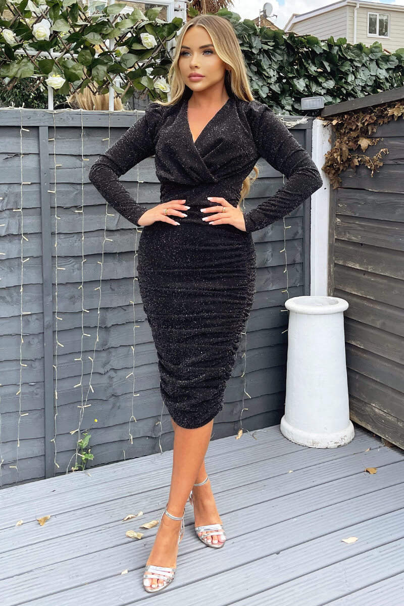 Black Shimmer Long Sleeve Wrap Top Ruched Midi Bodycon Dress - Swimclubus