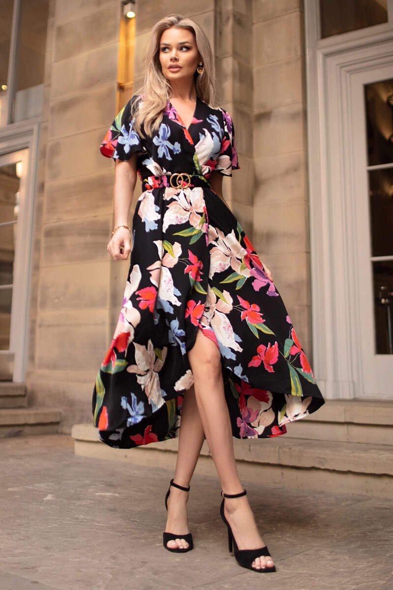Multi Floral Printed Short Sleeve Belted Wrap Midi Dress - Swimclubus